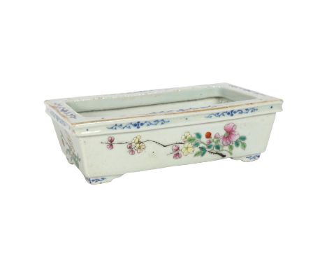 A Chinese rectangular porcelain bonsai tree jardiniere, with famille rose hand painted floral decoration, and red character m