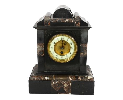 A slate and coloured marble-cased mantel clock "Made in Paris for Walker & Son Sunderland", with a brass presentation plaque,