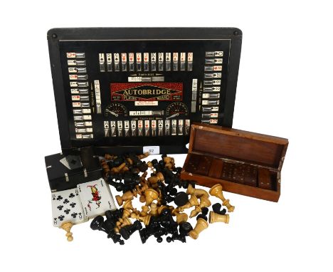 A Vintage Autobridge playing board, turned wood chess set, an ebony and chrome-mounted card box, a brass inlaid cribbage boar
