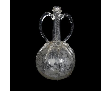 18th century 2-handled glass decanter with etched grapevine decorated panels, H23cm 