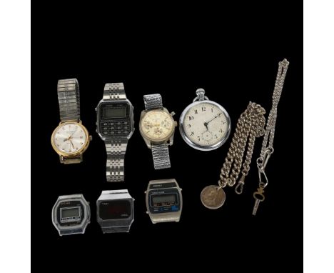 A Casio C-801 quartz wristwatch, a Timex 55Q wristwatch, 2 Schivas quartz wristwatches, and another 