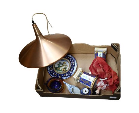 A copper ceiling light shade, a pair of urns, doll etc 