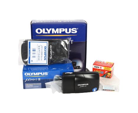 An Olympus MJU-II box kit, including high resolution 35mm F2.8 lens camera, kit includes carry case, strap, battery and Agfa 