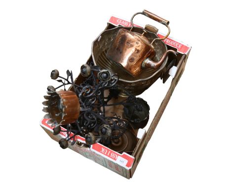 A large silver plate punch bowl, with lion mask ring handles, various other metalware 