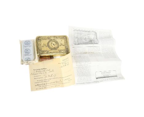 A First World War Period Queen Mary 1914 Christmas tin, together with a War Savings Certificate dated 1917, packet of Player'