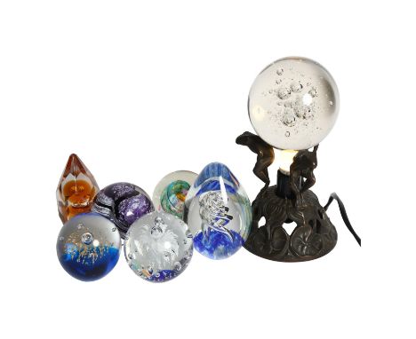 A Selkirk glass paperweight and 5 others, and a cast-brass lamp modelled as 3 frogs with paperweight shade, H22cm 