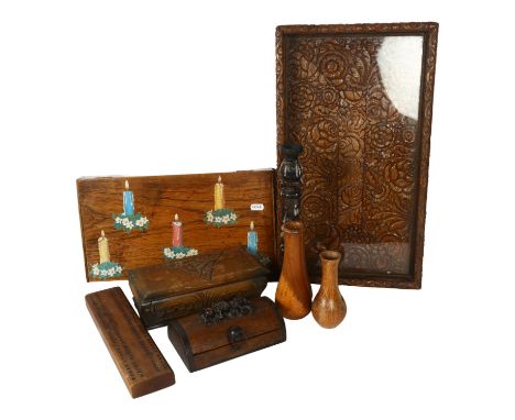 Turned wood vases, cribbage board, boxes, carved tea tray etc 