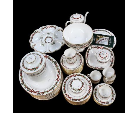 Extensive Royal Worcester "Holly Ribbons" dinner service for 12 people, and matching coffee service for 6 people, and cake kn