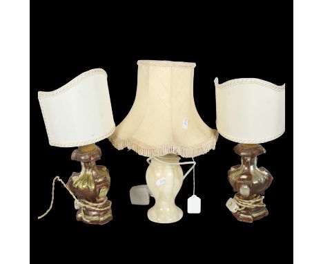 A pair of giltwood decorative table lamps, and a marble-based table lamp with shade, largest height 38cm (3) 