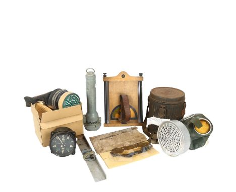 A quantity of World War II equipment and memorabilia, including an Air Ministry Works Department (AMWD) G.E.C. Approved safet