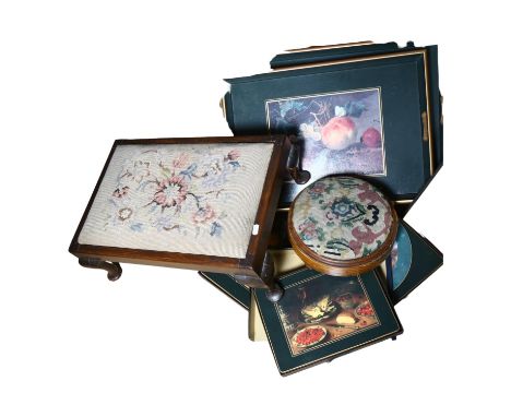 4 lacquer trays and matching place mats, by Lady Clare, a Victorian tapestry covered button footstool, and another 