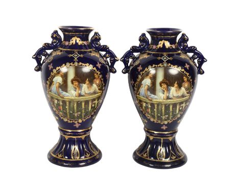 A pair of Royal Limoges cobalt blue 2-handled baluster vases with portrait panels, H35cmGood overall condition, no chips or c