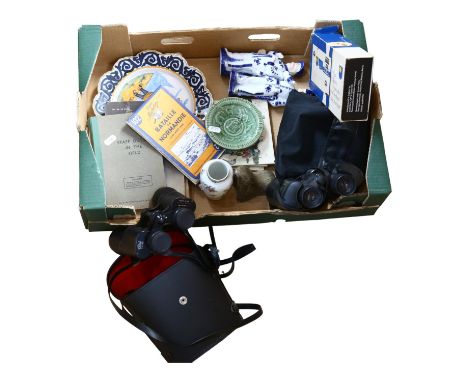 Binoculars, microscope, military ephemera, figures etc 