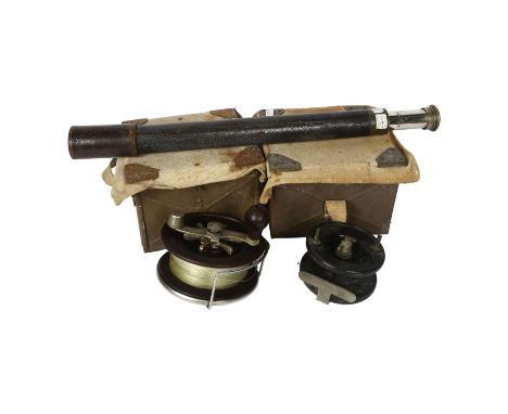An Alvey fishing reel, an Allcocks reel, a leather-covered brass Negretti & Zambra telescope, and 2 military ammunition boxes