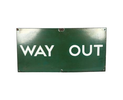 A green and white enamel train station sign "Way Out", W61cm 