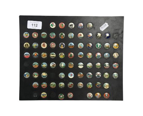 A collection of enamel pin badges, all stuck to single board, all depicting places in Papua New Guinea, New Zealand and Tasma