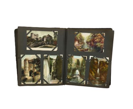 An album of various Vintage postcards, First World War silks, topographical, film stars, interior etc 