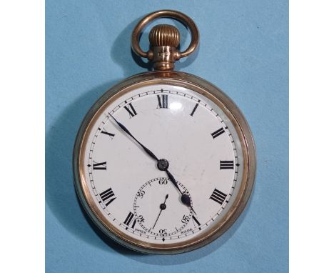 A 9ct gold open-face keyless pocket watch with white enamel dial, Roman numerals and seconds subsidiary, the plain case with 