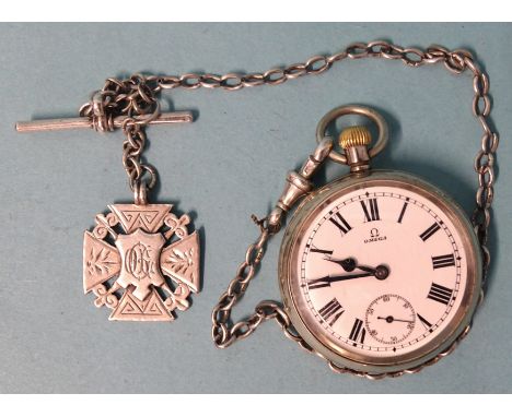 Omega, a steel-cased open face keyless pocket watch, the white enamel dial with Roman numerals and seconds subsidiary, the ca