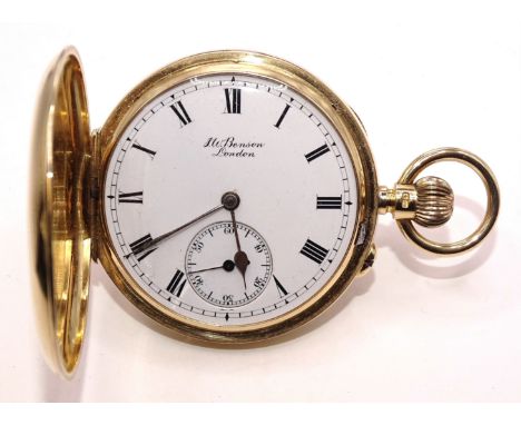 J W Benson, an 18ct gold hunter-cased keyless pocket watch, the white enamel dial with Roman numerals and seconds subsidiary,