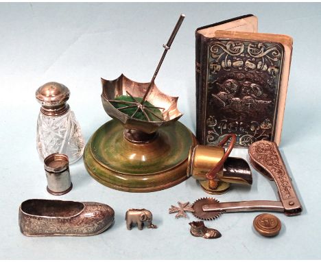 A novelty dressing table stand in the form of an upturned silver parasol, on green stained wood stand, 12cm, Robert Chandler,