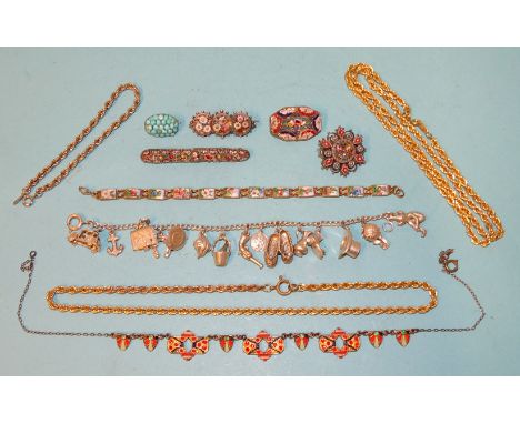 Four micro mosaic brooches, a bracelet of twelve small enamel plaques depicting alpine flowers and other items. 