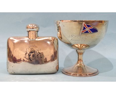 A small silver trophy cup with enamelled pennant, raised on circular foot, maker RP, London 1934, a sterling bonbon dish and 