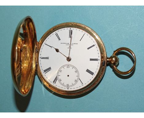 Barraud &amp; Lunds of London, an 18ct gold full hunter key wind pocket watch, the white enamel dial with Roman numerals, sec