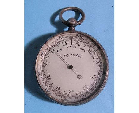 A silver-cased pocket barometer, the silvered dial inscribed Compensated, Rain, Change, Fair, hallmarked London 1894, 52mm, 8