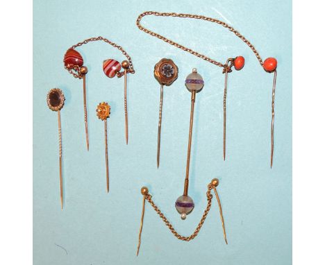 A pair of stick pins with banded agate heart pendants, two other pairs and four other stick pins, 15.6g, (5). 