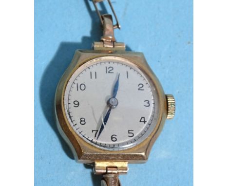 A lady's 9ct-gold-cased manual wrist watch, on 9ct gold sprung bracelet, (no clasp), 12.7g. 