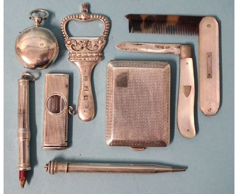 A silver and mother-of-pearl fruit knife, a similar comb, two silver propelling pencils, a silver sovereign case and other sm