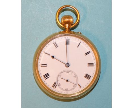 An 18ct gold-cased open face keyless pocket watch, the white enamel dial with Roman numerals and seconds subsidiary, in plain