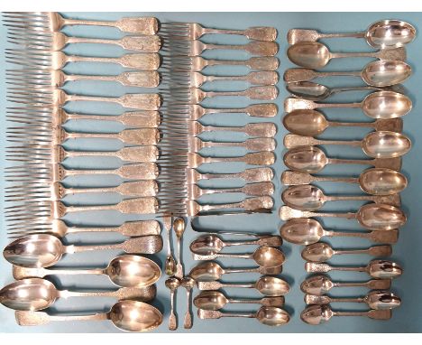 A George V silver canteen of fiddle pattern cutlery with floral engraving, Josiah Williams &amp; Co, London 1917-20, comprisi