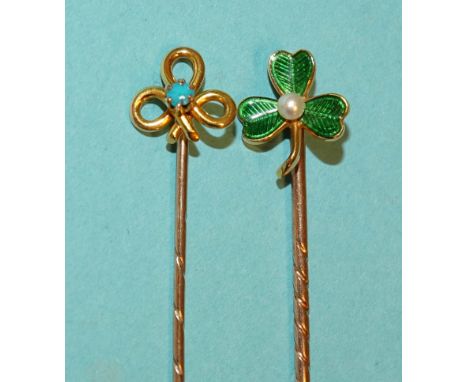 A gold, green enamel and pearl shamrock stick pin, unmarked and a 15ct gold stick pin of trefoil form set turquoise, (2). 