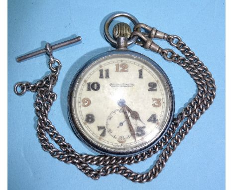 A Jaeger LeCoultre GSTP military pocket watch, the off-white enamel dial with Arabic numerals and seconds subsidiary, movemen