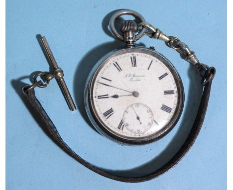 J W Benson, "The Bank", a silver-cased open-face keyless pocket watch, the white enamel dial with Roman numerals and seconds 