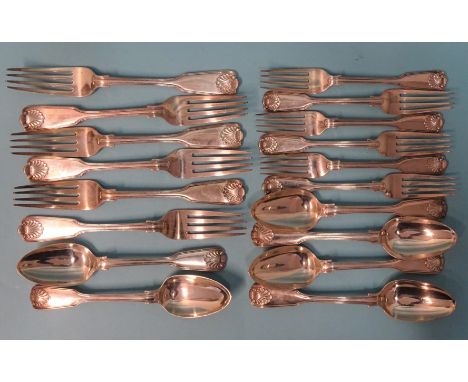 A quantity of Victorian silver fiddle, thread and shell cutlery: six each table and dessert forks, The Portland Co, London 18