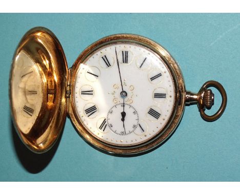 Rueff Freres, an 18ct gold hunter-cased pocket watch, the white enamel dial with Roman numerals, blue steel hands and seconds