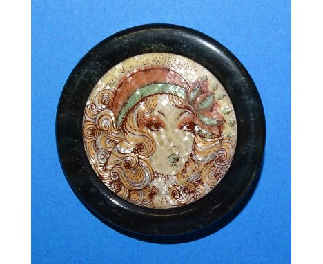 Léa Stein, Paris, a circular vintage serigraphy brooch c1960's depicting a lady with long wavy hair wearing a brown and green