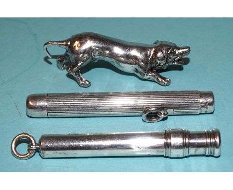 A Sampson Mordan silver sliding pencil holder, another with button mechanism, (a/f) and a white metal novelty dog pencil (a p