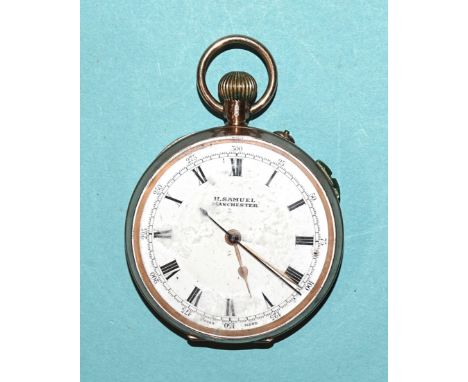 A 9ct gold-cased keyless open-face centre seconds chronograph pocket watch, the movement signed H Samuel, Market Street, Manc