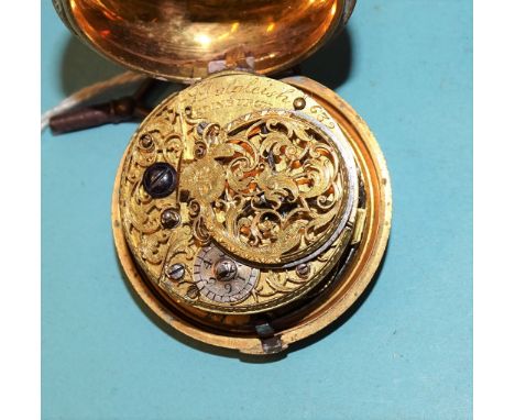 J Dalgleish, an 18th century gilt metal and leather-covered pair-cased verge pocket watch signed J Dalgleish, Edinburgh and n
