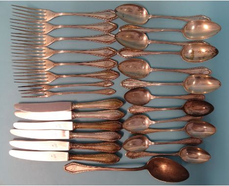 A quantity of white metal flatware stamped '800'; 1 serving spoon, 6 each table forks, tablespoons and dessert spoons and two