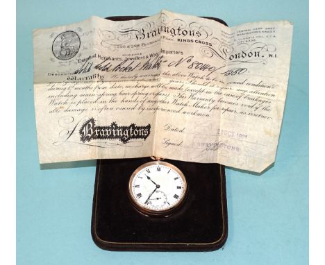 An early-20th century 9ct gold-cased open-face keyless pocket watch, the white enamel dial with Roman numerals and seconds su