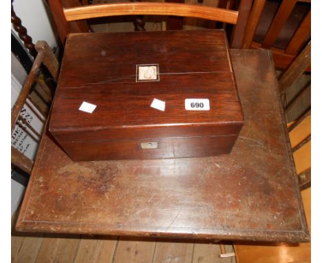 A large wooden lift-top box - sold with a smaller rosewood veneered workbox carcass with mother-of-pearl inlay