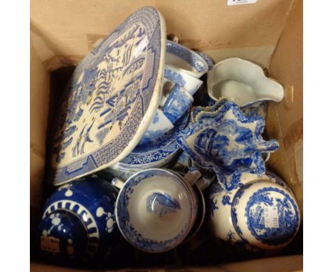 A box containing a quantity of blue and white china including Copeland Spode Italian, pearlware pickle jars, etc.