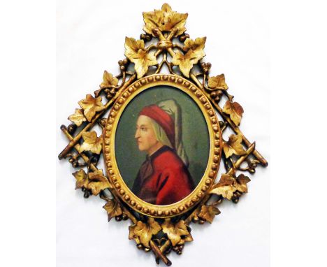 An antique ornate giltwood framed oil on board oval profile portrait of Dante, with decorative pierced vine border - details 
