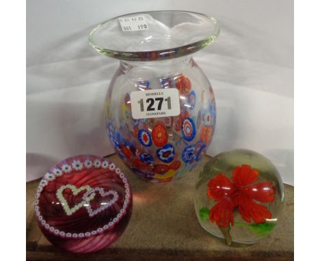 A Caithness millefiori glass paperweight with entwined heart decoration - sold with a further paperweight and chip cane vase