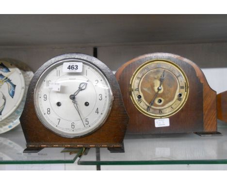 A vintage oak cased mantel clock with Smiths eight day gong striking movement - sold with an oak cased eight day chiming mant